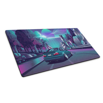 BMW M3 E46 Convertible Inspired Teal Purple Vaporwave Gaming Mouse Pad, Retro Sports Car Desk Mat with Neon Futuristic City Artwork