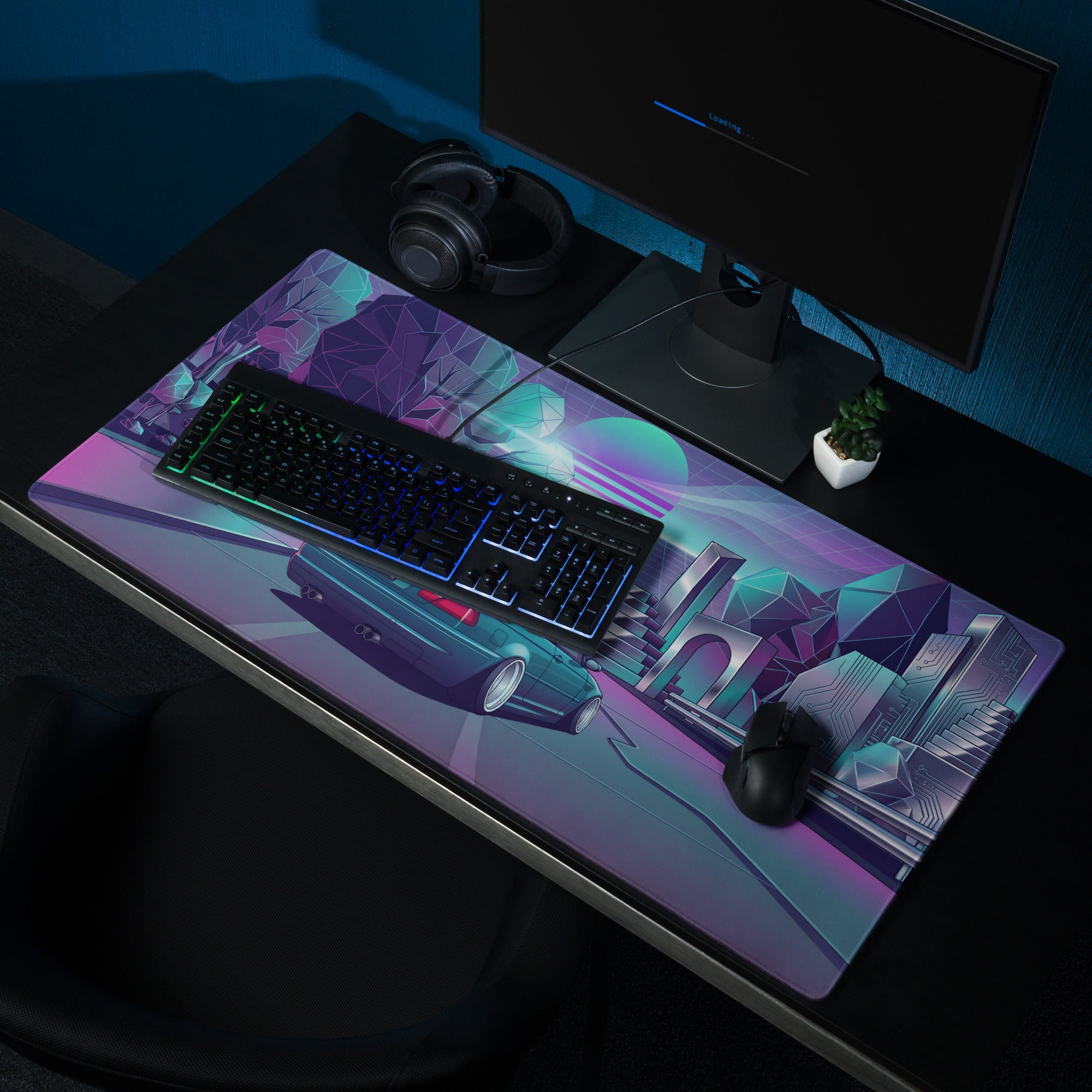 BMW M3 E46 Convertible Inspired Teal Purple Vaporwave Gaming Mouse Pad, Retro Sports Car Desk Mat with Neon Futuristic City Artwork