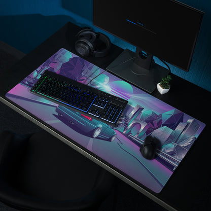 BMW M3 E46 Convertible Inspired Teal Purple Vaporwave Gaming Mouse Pad, Retro Sports Car Desk Mat with Neon Futuristic City Artwork