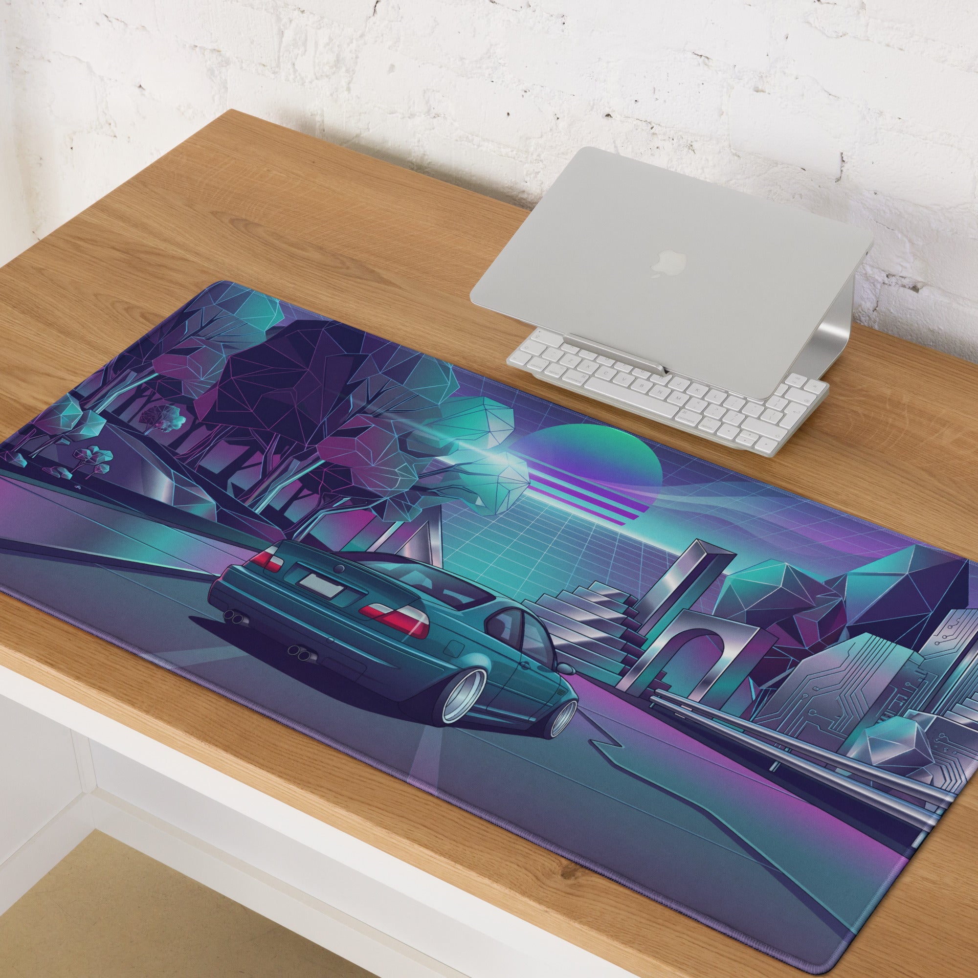 BMW M3 E46 Convertible Inspired Teal Purple Vaporwave Gaming Mouse Pad, Retro Sports Car Desk Mat with Neon Futuristic City Artwork