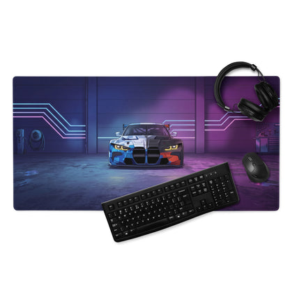 BMW M4 GT3 Inspired Blue White Vaporwave Gaming Mouse Pad, Neon Race Car Desk Mat with Futuristic Cyberpunk Garage Artwork