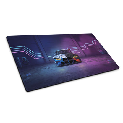 BMW M4 GT3 Inspired Blue White Vaporwave Gaming Mouse Pad, Neon Race Car Desk Mat with Futuristic Cyberpunk Garage Artwork