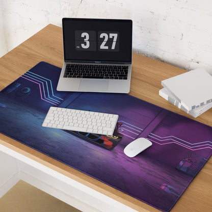 BMW M4 GT3 Inspired Blue White Vaporwave Gaming Mouse Pad, Neon Race Car Desk Mat with Futuristic Cyberpunk Garage Artwork