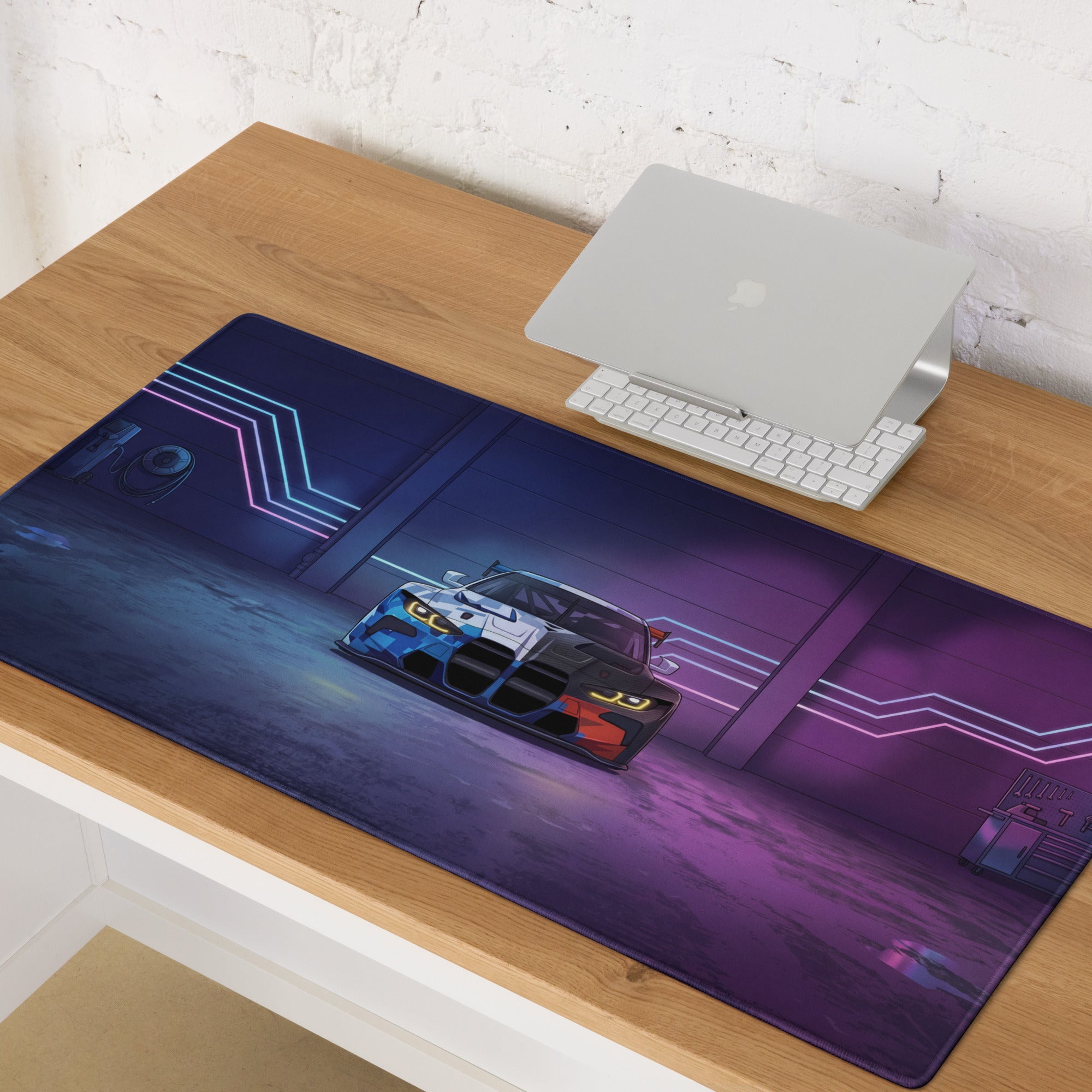 BMW M4 GT3 Inspired Blue White Vaporwave Gaming Mouse Pad, Neon Race Car Desk Mat with Futuristic Cyberpunk Garage Artwork