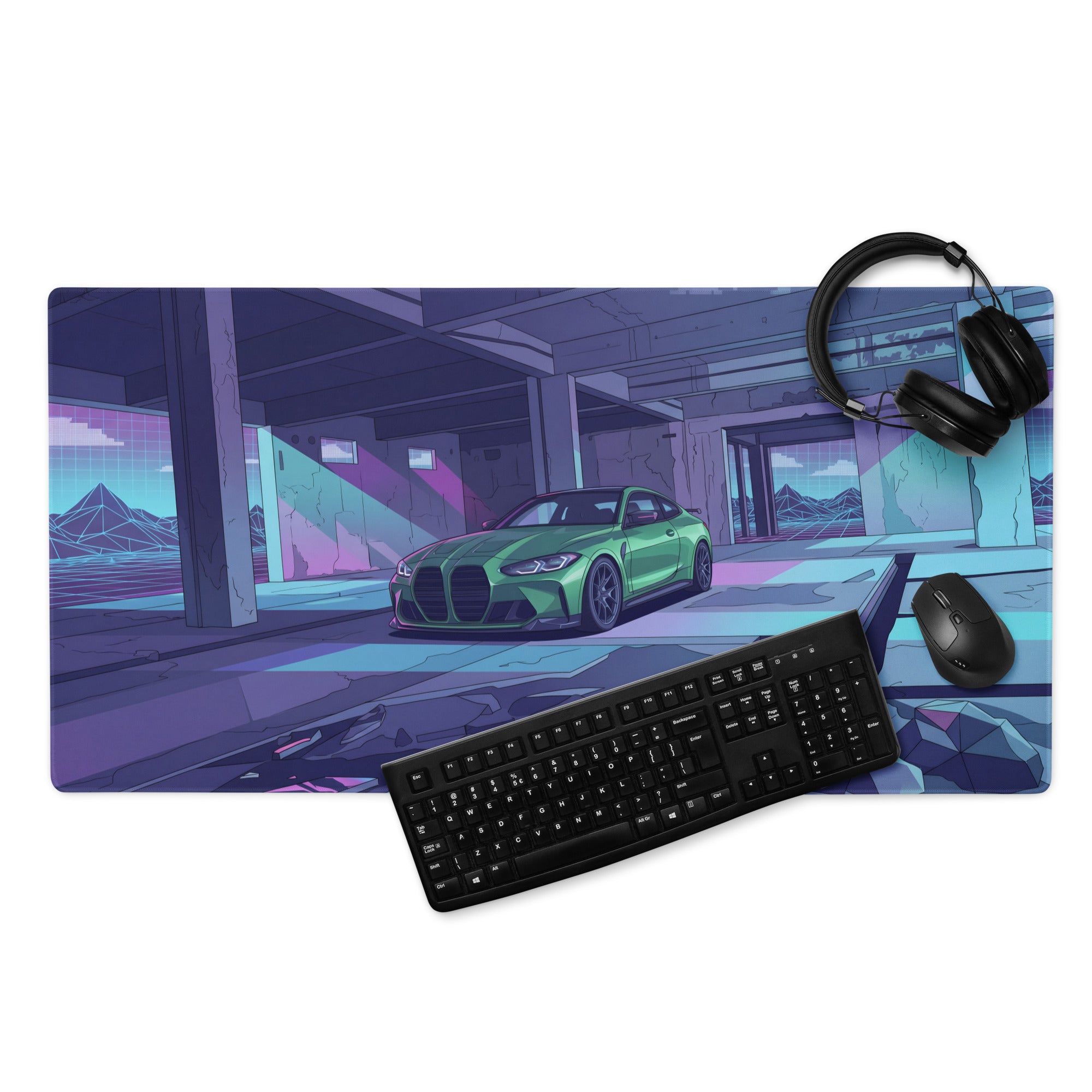 BMW M4 G82 Inspired Green Purple Vaporwave Gaming Mouse Pad, Neon Sports Coupe Desk Mat with Futuristic Ruined Garage Artwork