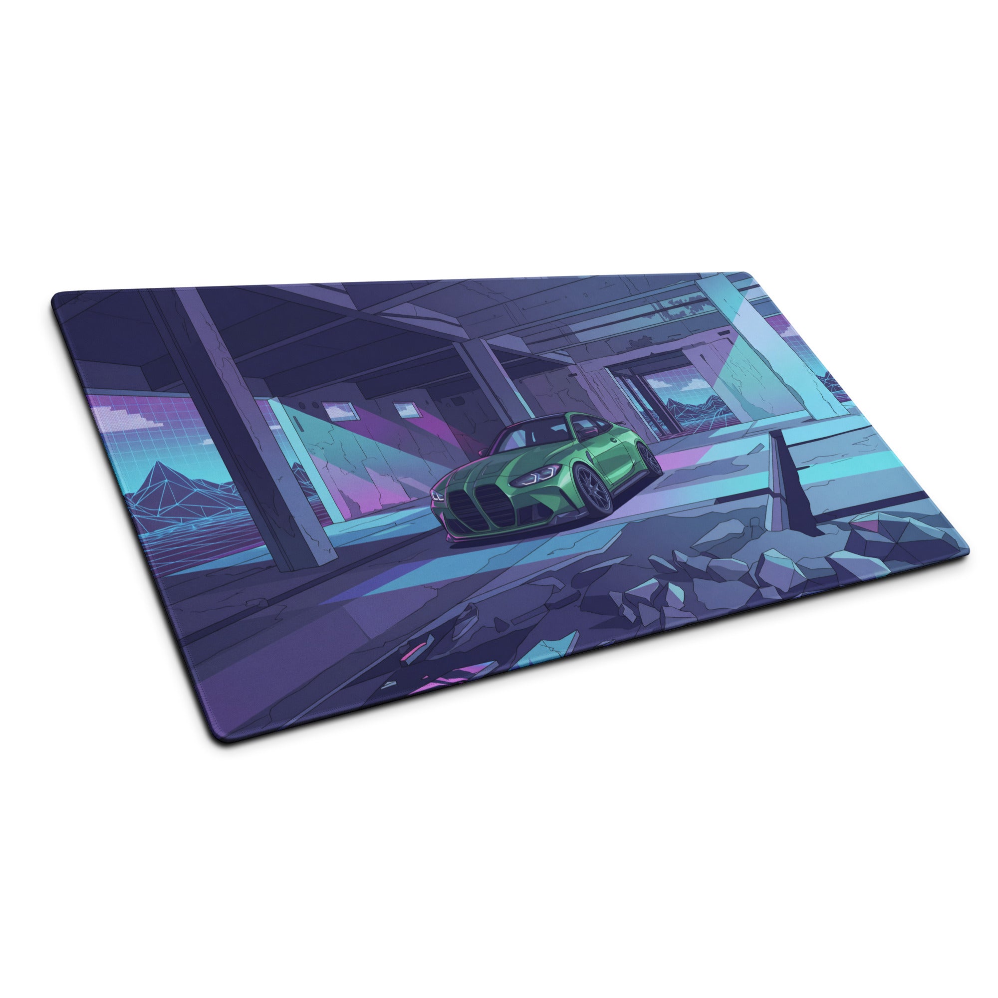 BMW M4 G82 Inspired Green Purple Vaporwave Gaming Mouse Pad, Neon Sports Coupe Desk Mat with Futuristic Ruined Garage Artwork