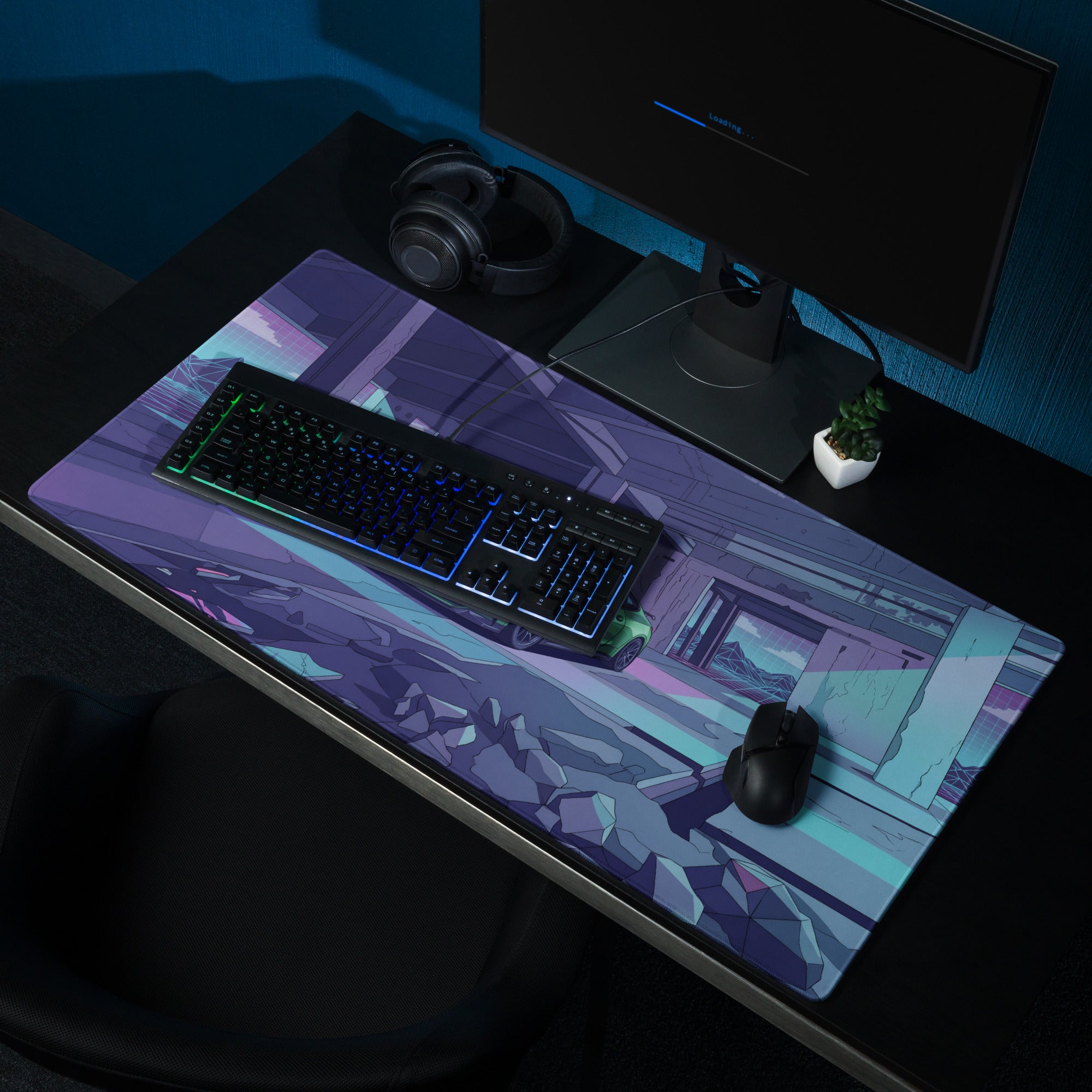 BMW M4 G82 Inspired Green Purple Vaporwave Gaming Mouse Pad, Neon Sports Coupe Desk Mat with Futuristic Ruined Garage Artwork