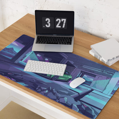BMW M4 G82 Inspired Green Purple Vaporwave Gaming Mouse Pad, Neon Sports Coupe Desk Mat with Futuristic Ruined Garage Artwork