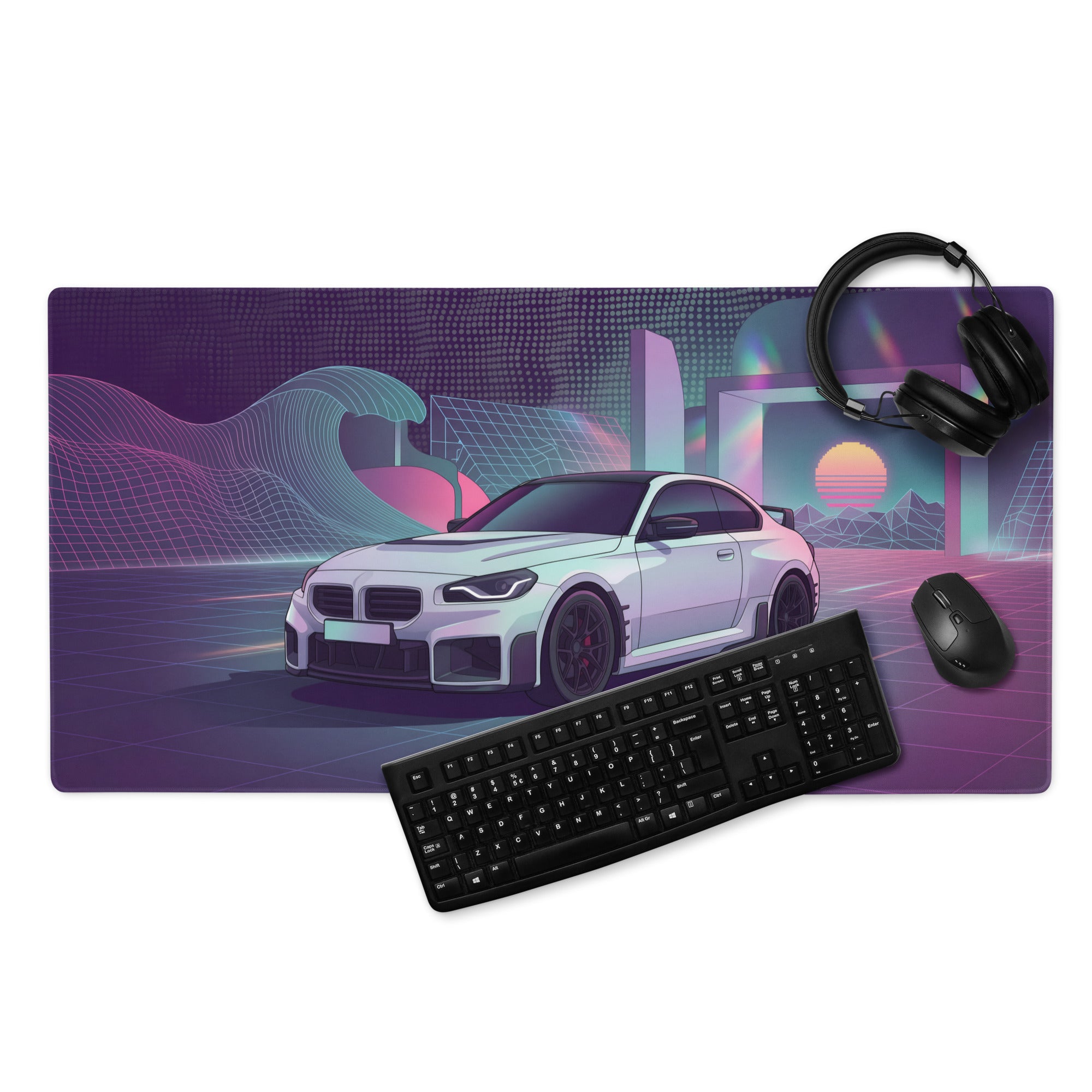 BMW M2 G87 Inspired White Purple Vaporwave Gaming Mouse Pad, Neon Sports Coupe Desk Mat with Retro Futuristic Wave Grid Artwork