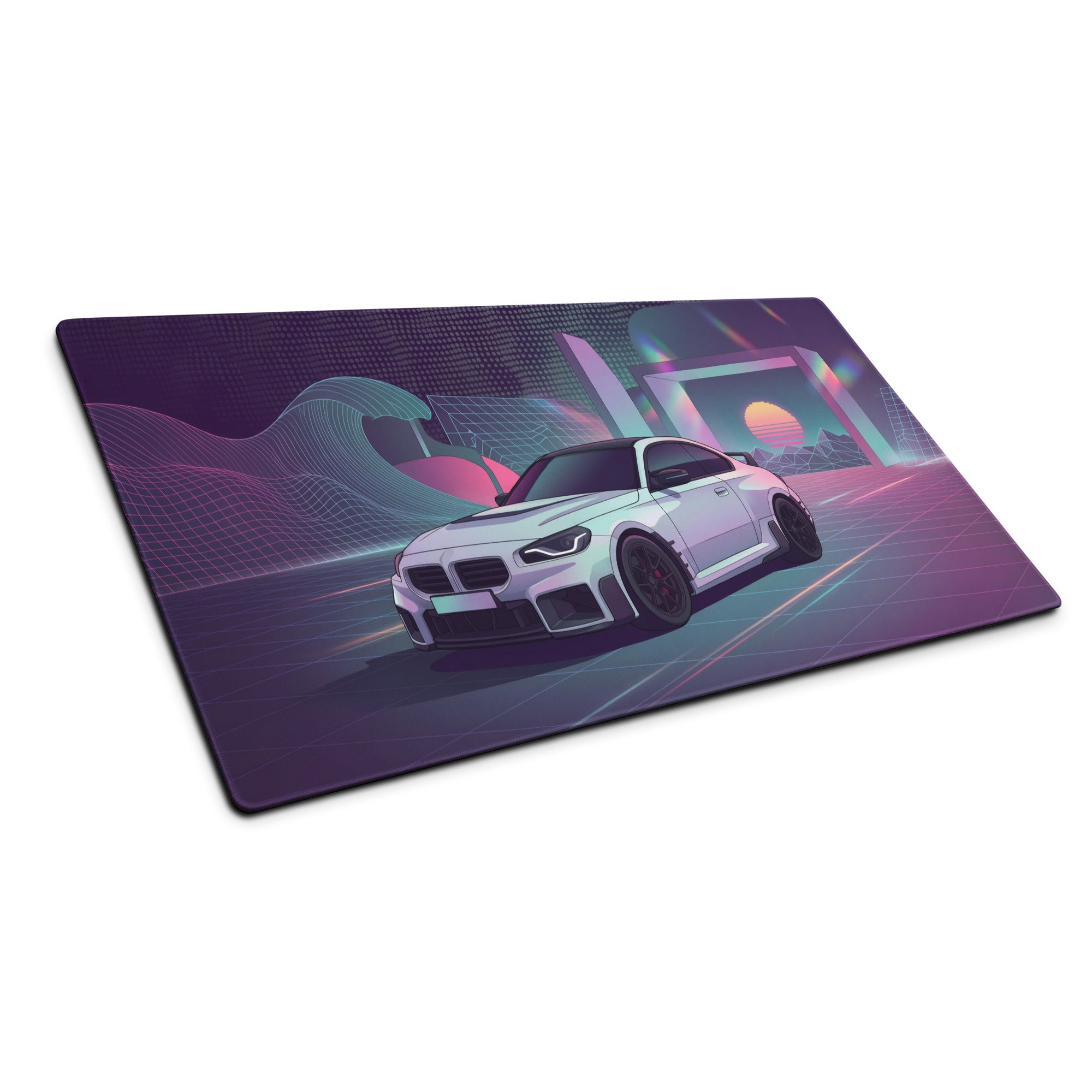 BMW M2 G87 Inspired White Purple Vaporwave Gaming Mouse Pad, Neon Sports Coupe Desk Mat with Retro Futuristic Wave Grid Artwork