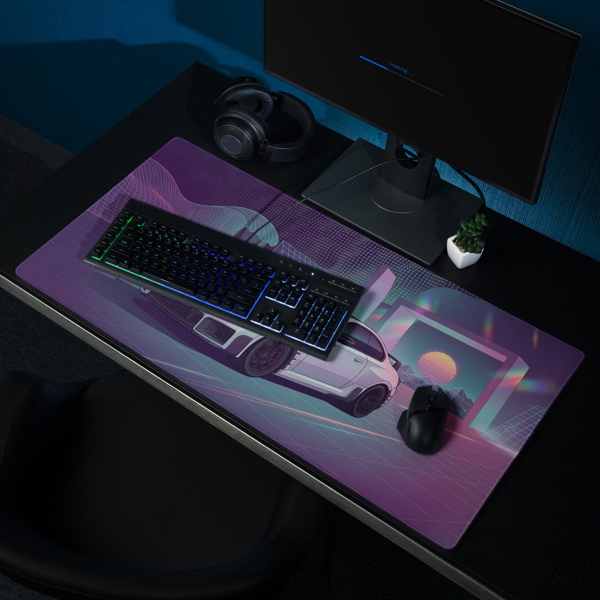BMW M2 G87 Inspired White Purple Vaporwave Gaming Mouse Pad, Neon Sports Coupe Desk Mat with Retro Futuristic Wave Grid Artwork