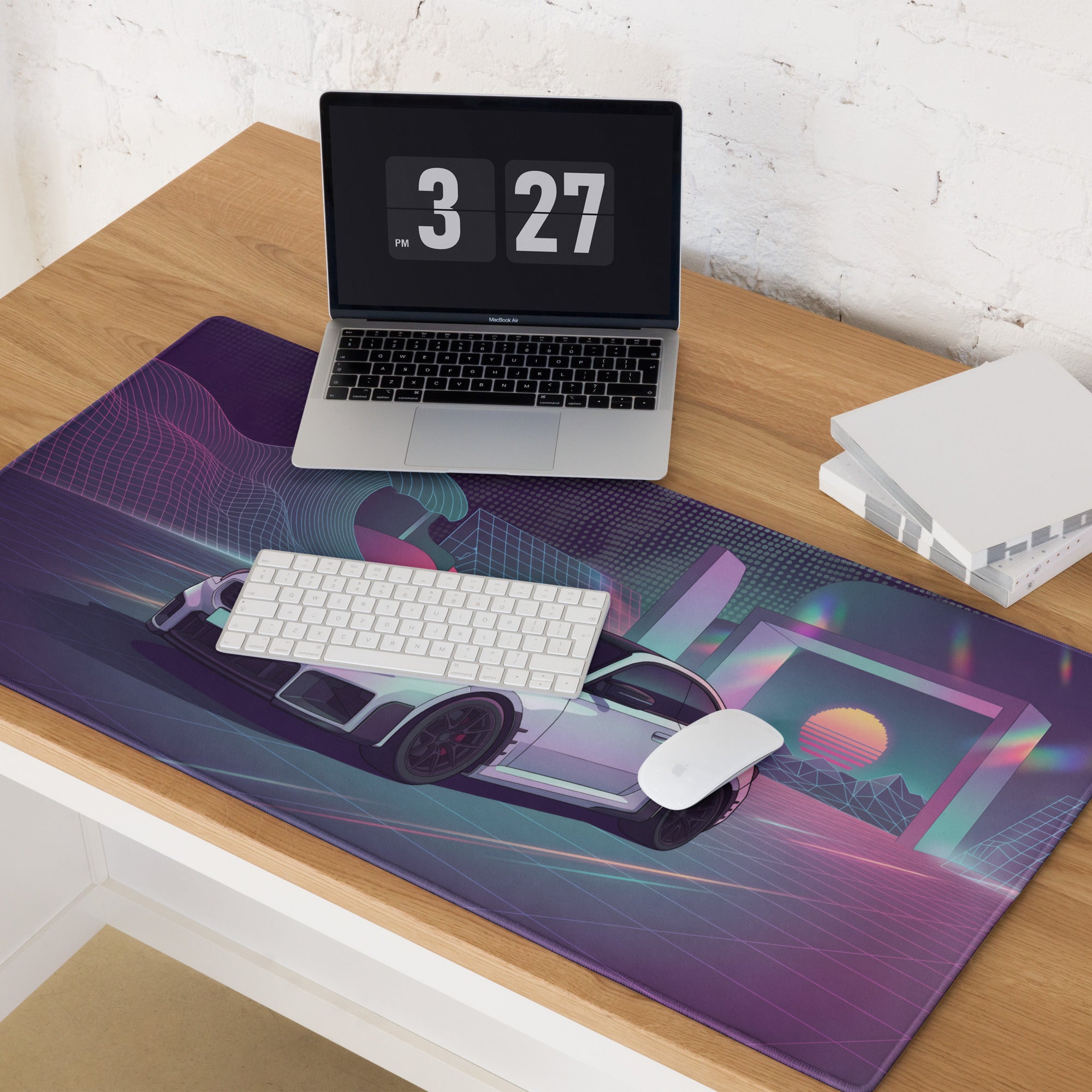 BMW M2 G87 Inspired White Purple Vaporwave Gaming Mouse Pad, Neon Sports Coupe Desk Mat with Retro Futuristic Wave Grid Artwork