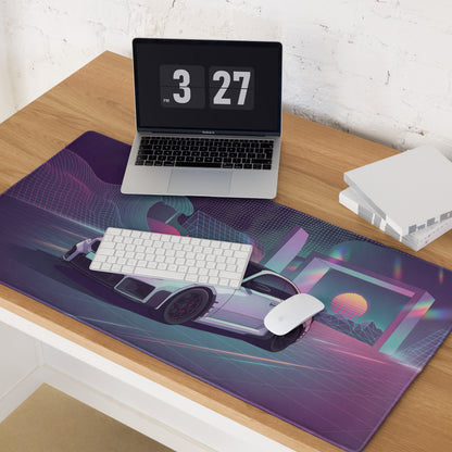 BMW M2 G87 Inspired White Purple Vaporwave Gaming Mouse Pad, Neon Sports Coupe Desk Mat with Retro Futuristic Wave Grid Artwork