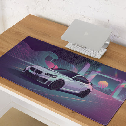 BMW M2 G87 Inspired White Purple Vaporwave Gaming Mouse Pad, Neon Sports Coupe Desk Mat with Retro Futuristic Wave Grid Artwork