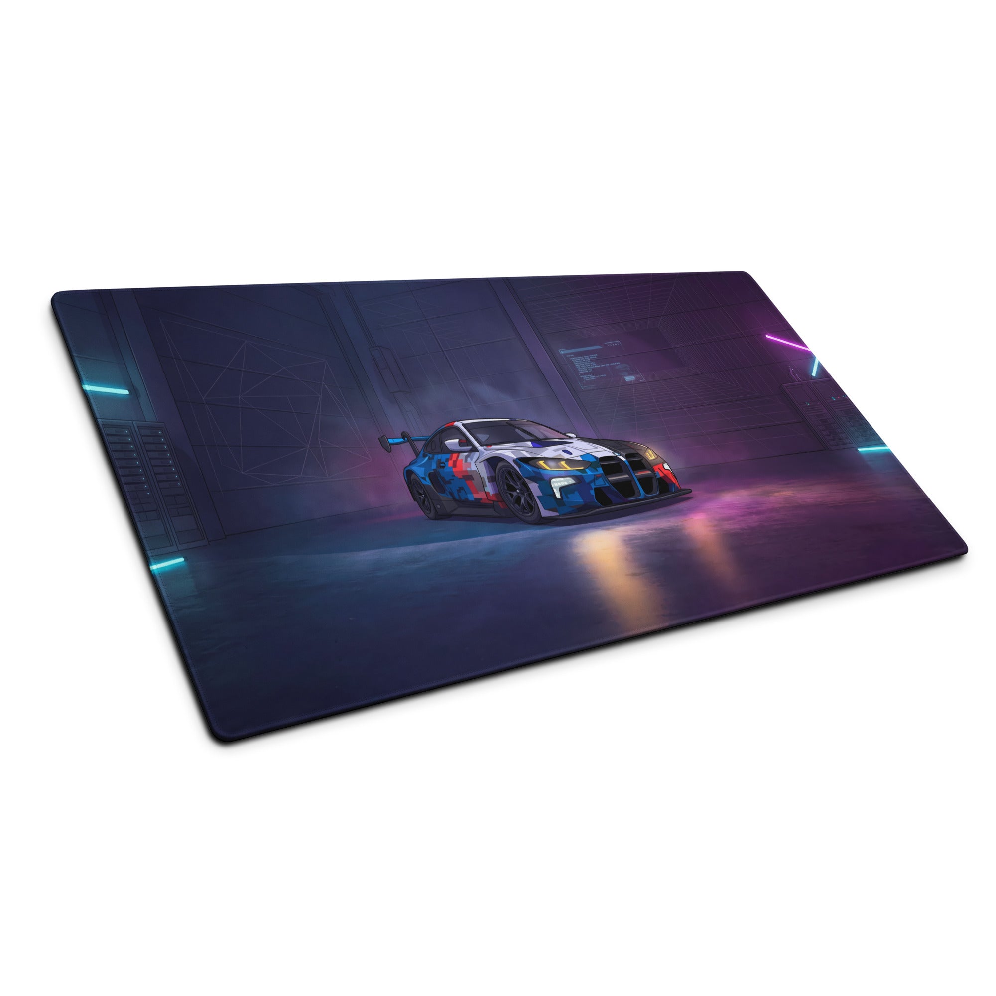 BMW M4 GT3 Inspired Blue White Vaporwave Gaming Mouse Pad, Neon Race Car Desk Mat with Futuristic Cyberpunk Garage Artwork