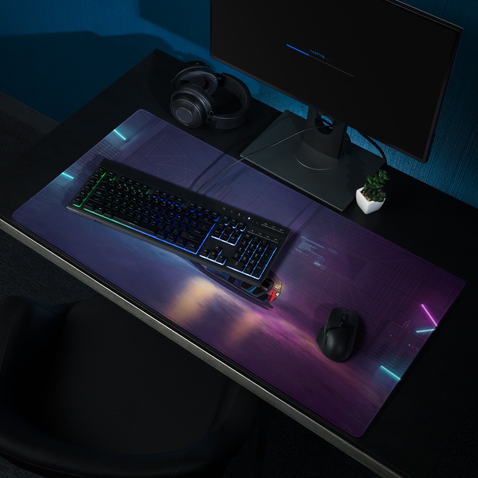 BMW M4 GT3 Inspired Blue White Vaporwave Gaming Mouse Pad, Neon Race Car Desk Mat with Futuristic Cyberpunk Garage Artwork