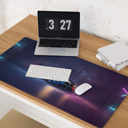 BMW M4 GT3 Inspired Blue White Vaporwave Gaming Mouse Pad, Neon Race Car Desk Mat with Futuristic Cyberpunk Garage Artwork