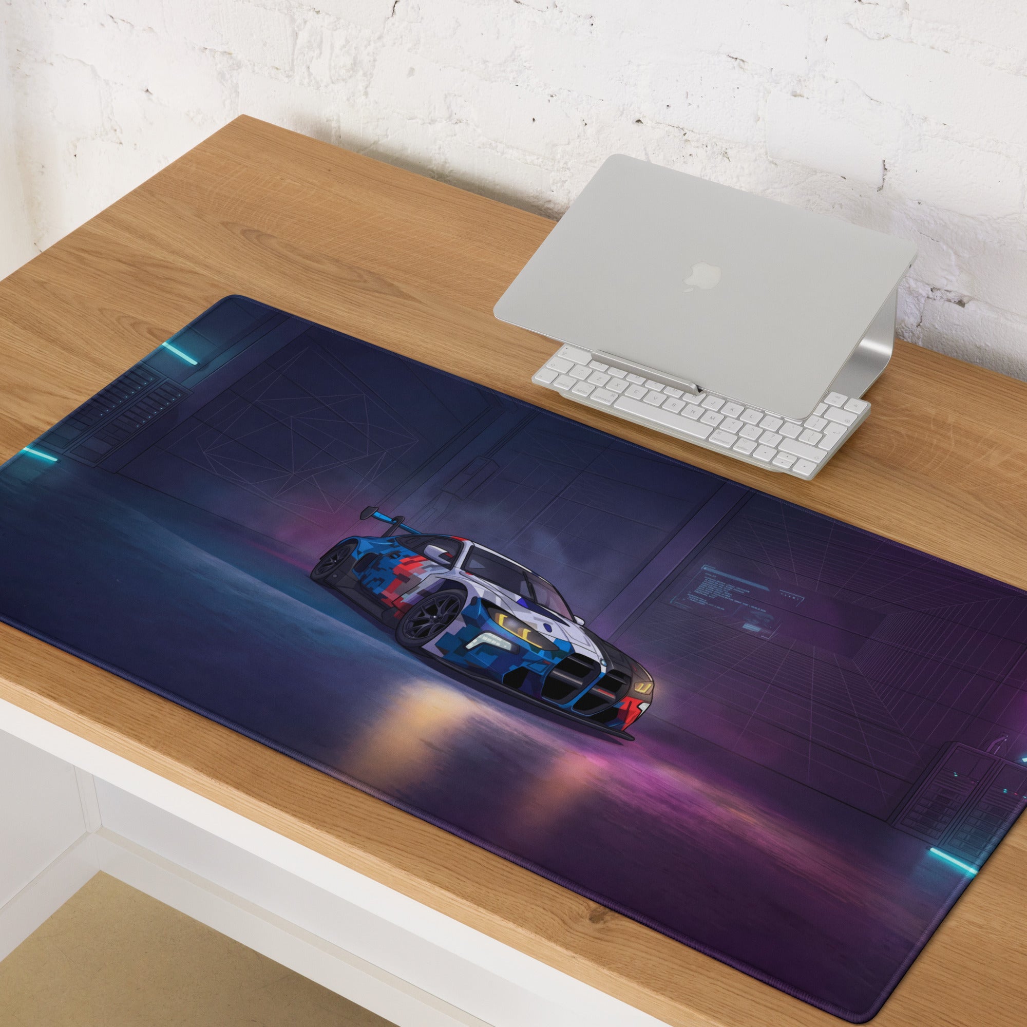 BMW M4 GT3 Inspired Blue White Vaporwave Gaming Mouse Pad, Neon Race Car Desk Mat with Futuristic Cyberpunk Garage Artwork