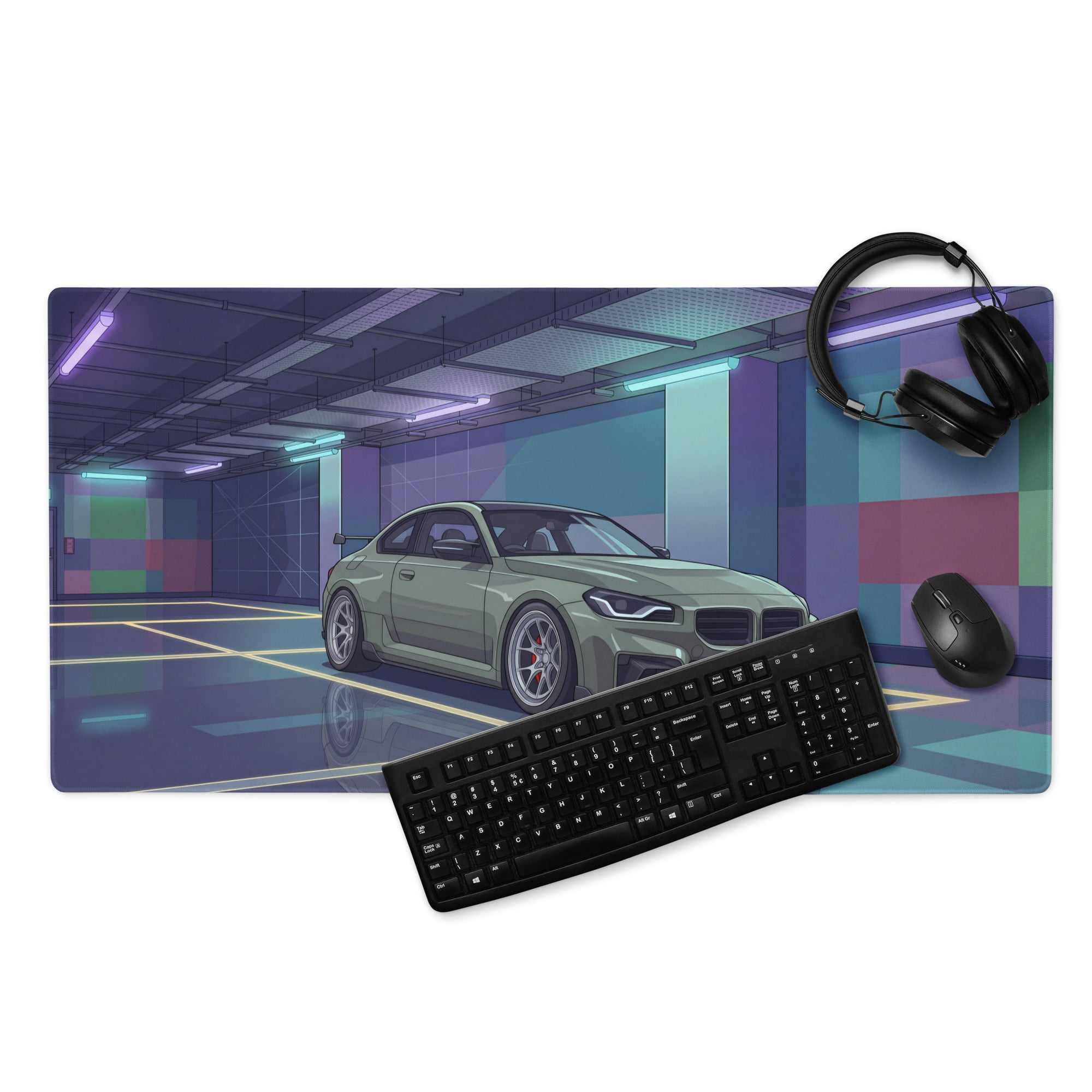 BMW M2 G87 Inspired Green Purple Vaporwave Gaming Mouse Pad, Neon Sports Coupe Desk Mat with Futuristic Cyberpunk Garage Artwork