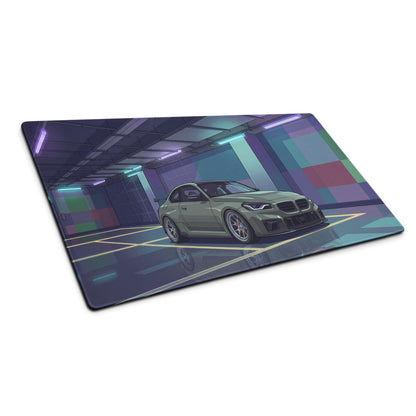 BMW M2 G87 Inspired Green Purple Vaporwave Gaming Mouse Pad, Neon Sports Coupe Desk Mat with Futuristic Cyberpunk Garage Artwork