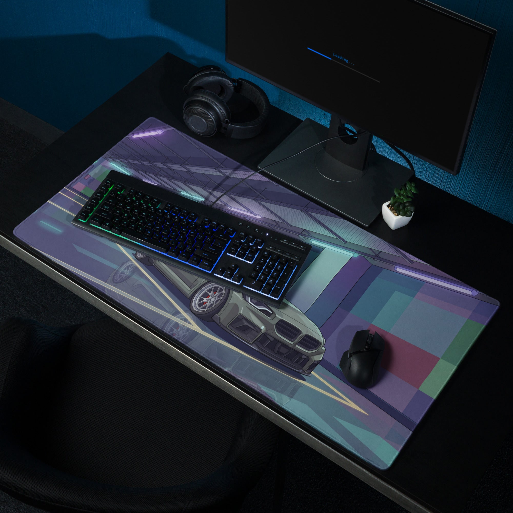 BMW M2 G87 Inspired Green Purple Vaporwave Gaming Mouse Pad, Neon Sports Coupe Desk Mat with Futuristic Cyberpunk Garage Artwork