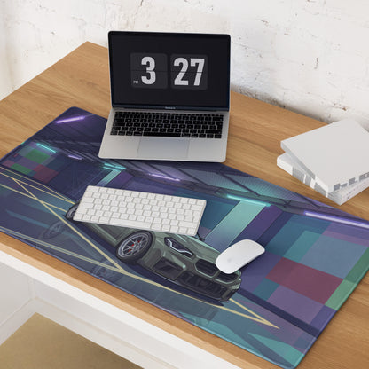 BMW M2 G87 Inspired Green Purple Vaporwave Gaming Mouse Pad, Neon Sports Coupe Desk Mat with Futuristic Cyberpunk Garage Artwork