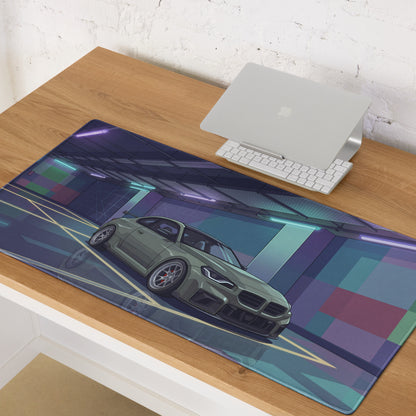 BMW M2 G87 Inspired Green Purple Vaporwave Gaming Mouse Pad, Neon Sports Coupe Desk Mat with Futuristic Cyberpunk Garage Artwork