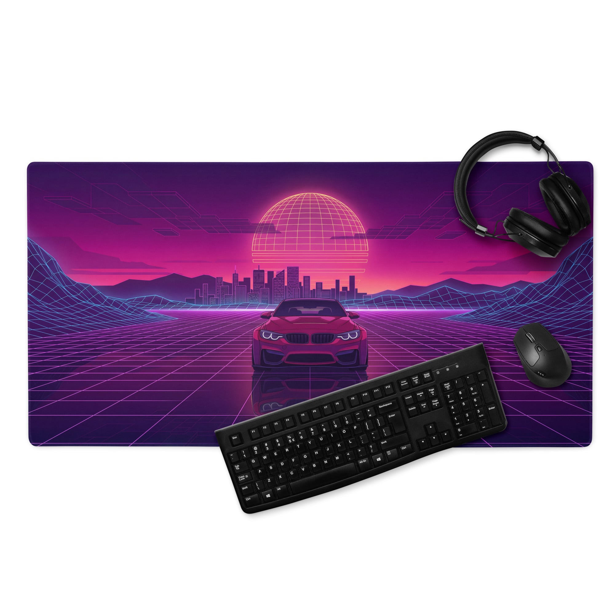 BMW M4 F82 Inspired Red Purple Vaporwave Gaming Mouse Pad, Neon Sports Coupe Desk Mat with Retro Futuristic City Grid Sunset Artwork
