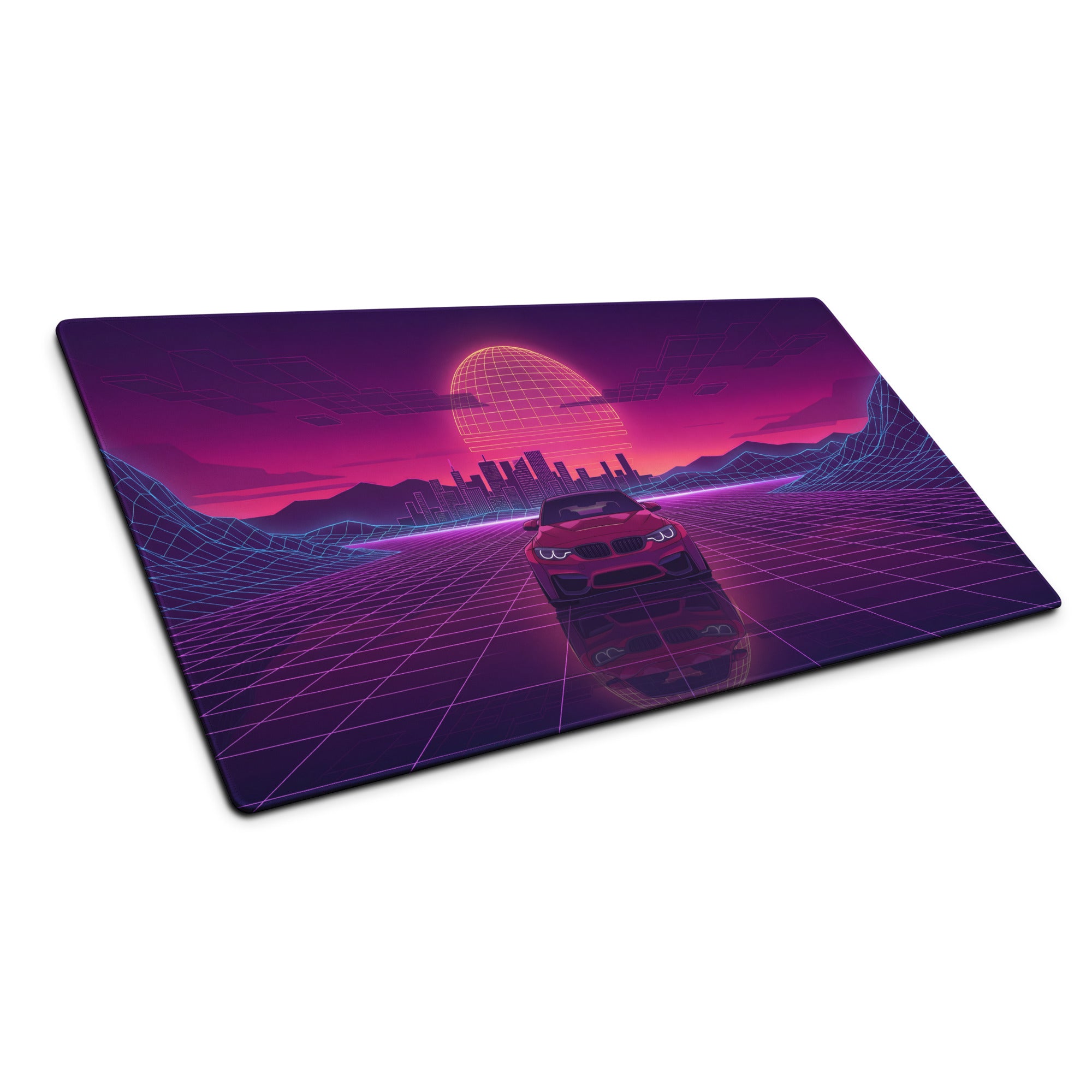 BMW M4 F82 Inspired Red Purple Vaporwave Gaming Mouse Pad, Neon Sports Coupe Desk Mat with Retro Futuristic City Grid Sunset Artwork