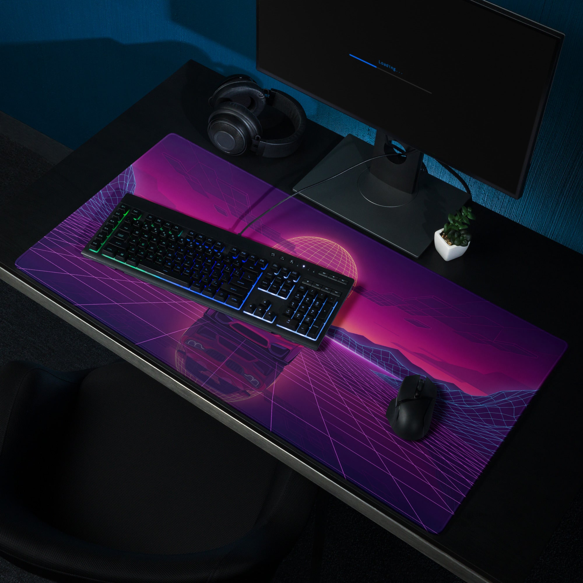 BMW M4 F82 Inspired Red Purple Vaporwave Gaming Mouse Pad, Neon Sports Coupe Desk Mat with Retro Futuristic City Grid Sunset Artwork