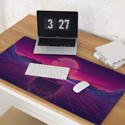 BMW M4 F82 Inspired Red Purple Vaporwave Gaming Mouse Pad, Neon Sports Coupe Desk Mat with Retro Futuristic City Grid Sunset Artwork