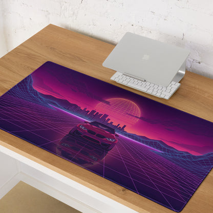 BMW M4 F82 Inspired Red Purple Vaporwave Gaming Mouse Pad, Neon Sports Coupe Desk Mat with Retro Futuristic City Grid Sunset Artwork