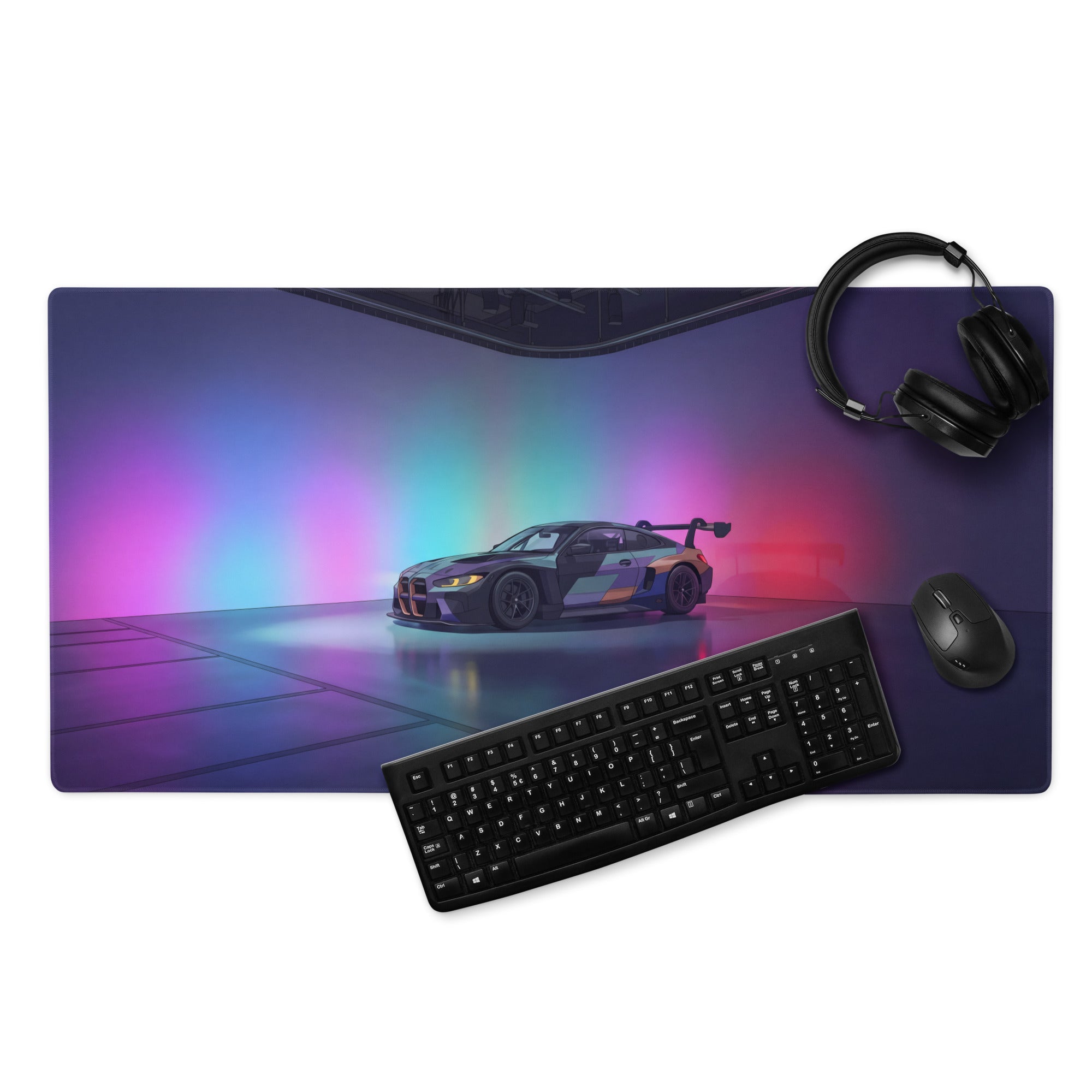 BMW M4 GT3 Inspired Black Blue Vaporwave Gaming Mouse Pad, Neon Race Car Desk Mat with Futuristic Studio Lighting Artwork