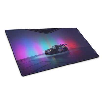 BMW M4 GT3 Inspired Black Blue Vaporwave Gaming Mouse Pad, Neon Race Car Desk Mat with Futuristic Studio Lighting Artwork
