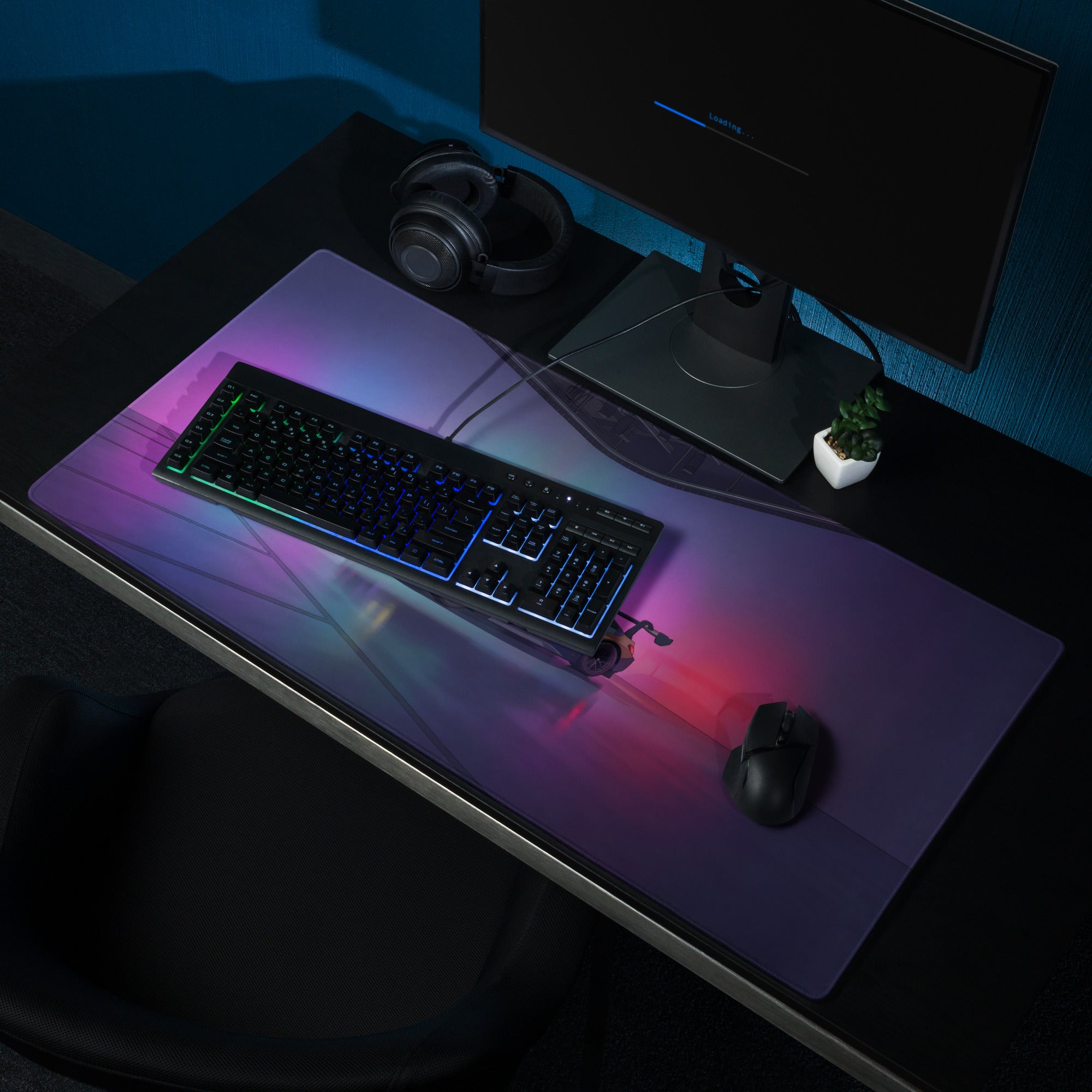 BMW M4 GT3 Inspired Black Blue Vaporwave Gaming Mouse Pad, Neon Race Car Desk Mat with Futuristic Studio Lighting Artwork