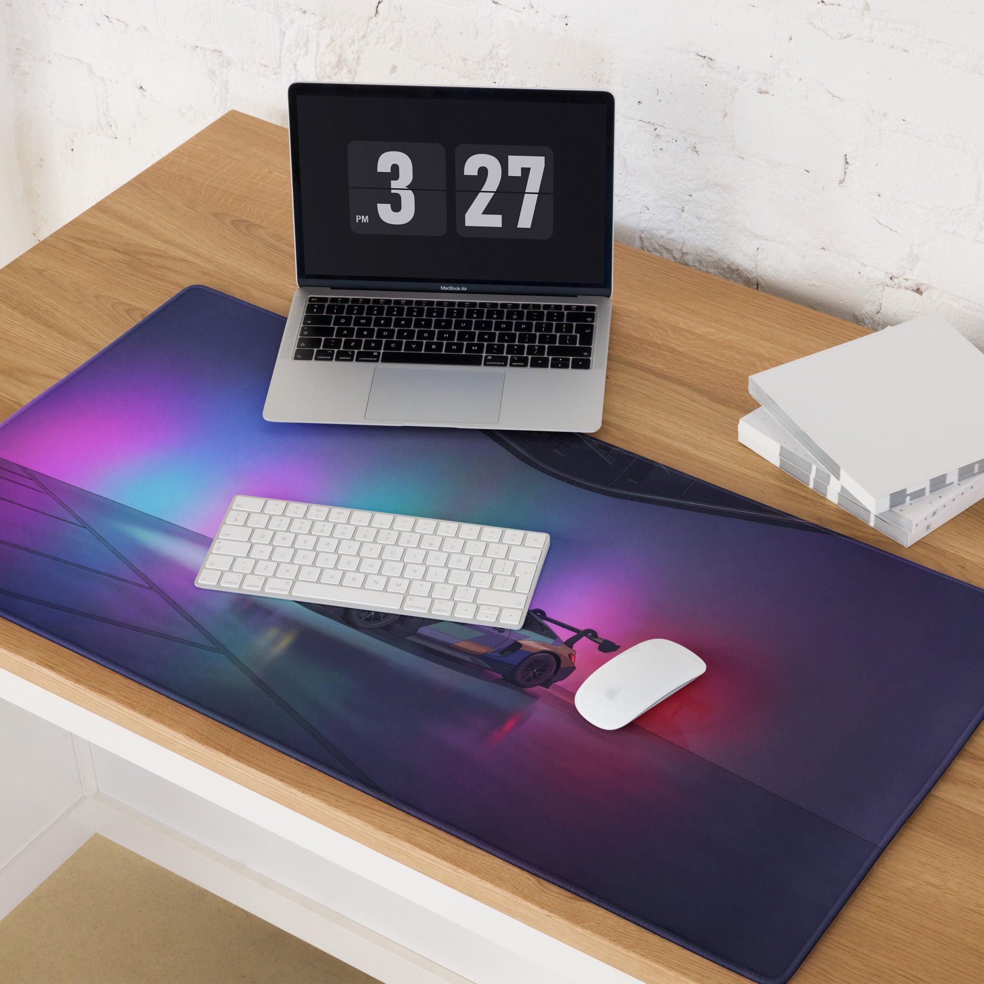 BMW M4 GT3 Inspired Black Blue Vaporwave Gaming Mouse Pad, Neon Race Car Desk Mat with Futuristic Studio Lighting Artwork