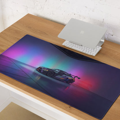 BMW M4 GT3 Inspired Black Blue Vaporwave Gaming Mouse Pad, Neon Race Car Desk Mat with Futuristic Studio Lighting Artwork
