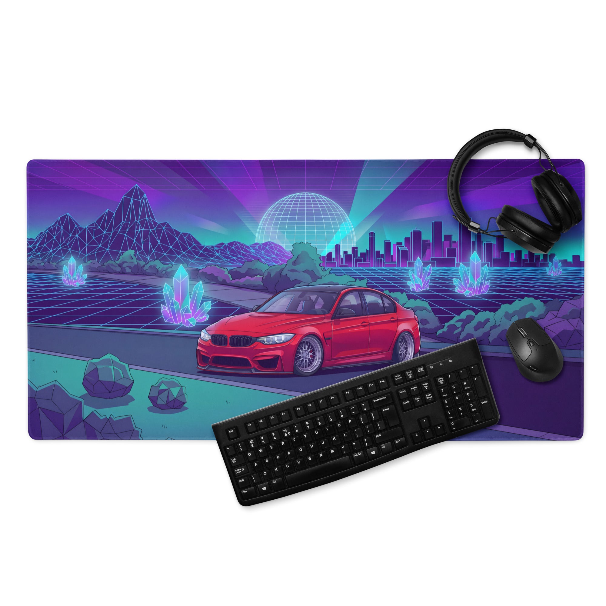 BMW M3 F80 Inspired Red Purple Vaporwave Gaming Mouse Pad, Neon Sports Sedan Desk Mat with Retro Futuristic Crystal City Artwork