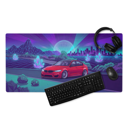 BMW M3 F80 Inspired Red Purple Vaporwave Gaming Mouse Pad, Neon Sports Sedan Desk Mat with Retro Futuristic Crystal City Artwork