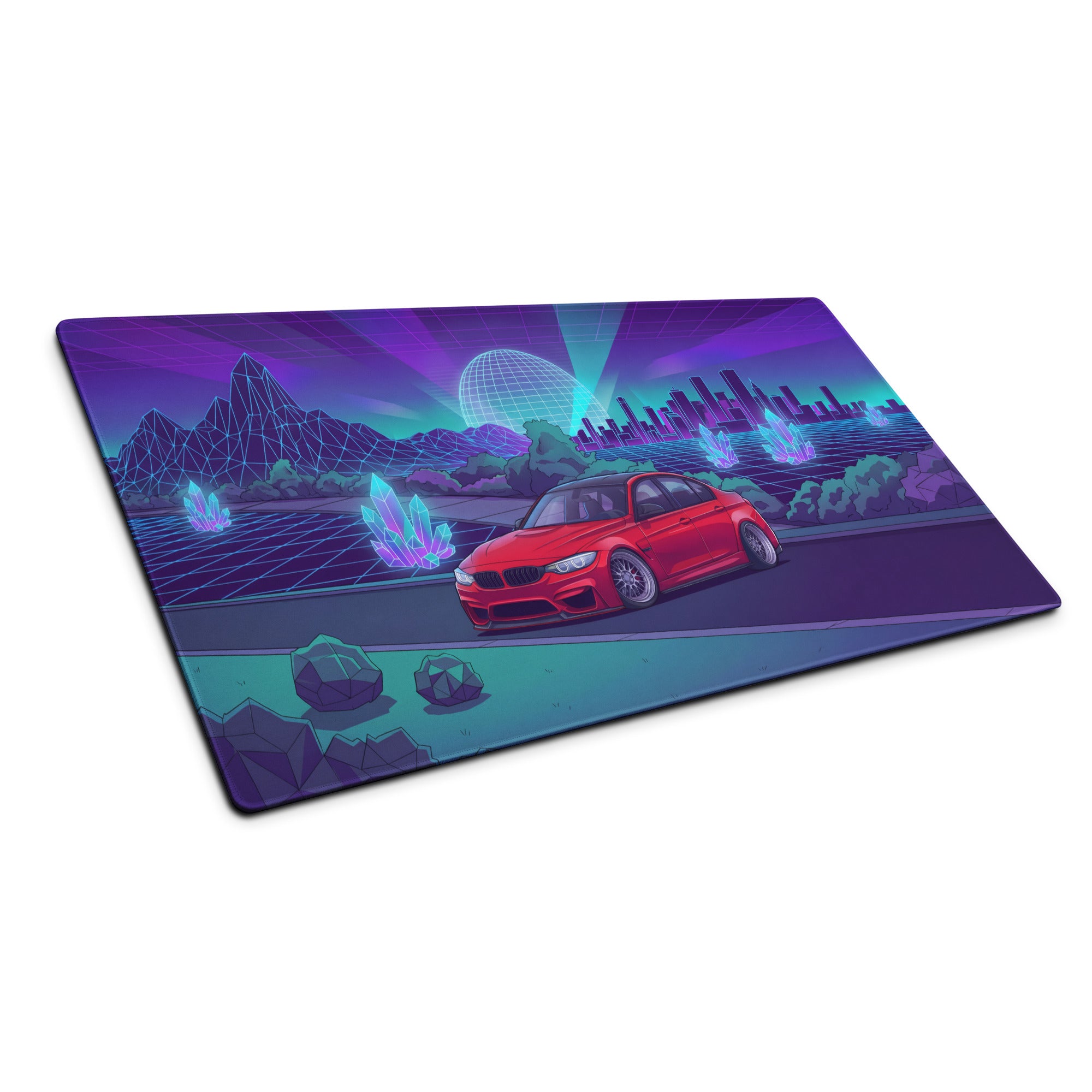 BMW M3 F80 Inspired Red Purple Vaporwave Gaming Mouse Pad, Neon Sports Sedan Desk Mat with Retro Futuristic Crystal City Artwork