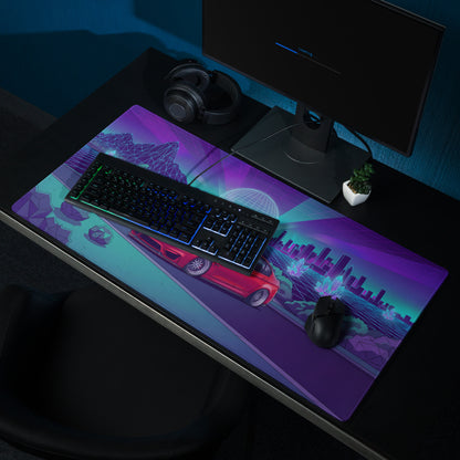 BMW M3 F80 Inspired Red Purple Vaporwave Gaming Mouse Pad, Neon Sports Sedan Desk Mat with Retro Futuristic Crystal City Artwork