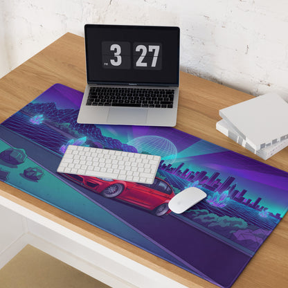 BMW M3 F80 Inspired Red Purple Vaporwave Gaming Mouse Pad, Neon Sports Sedan Desk Mat with Retro Futuristic Crystal City Artwork