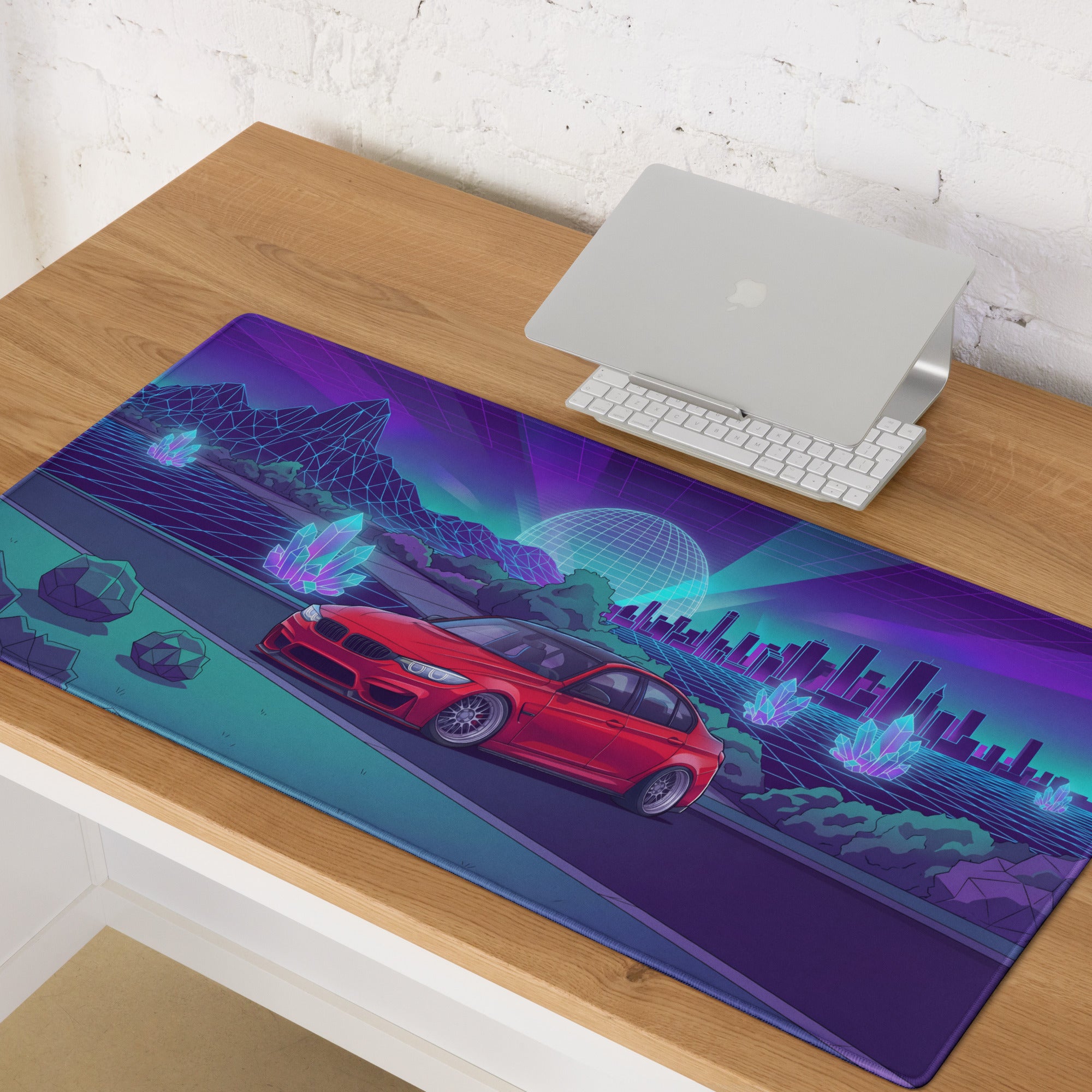BMW M3 F80 Inspired Red Purple Vaporwave Gaming Mouse Pad, Neon Sports Sedan Desk Mat with Retro Futuristic Crystal City Artwork