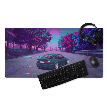 BMW M3 E46 Inspired Teal Purple Vaporwave Gaming Mouse Pad, Retro Sports Coupe Desk Mat with Neon Cyberpunk Sunset Road Artwork