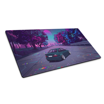 BMW M3 E46 Inspired Teal Purple Vaporwave Gaming Mouse Pad, Retro Sports Coupe Desk Mat with Neon Cyberpunk Sunset Road Artwork