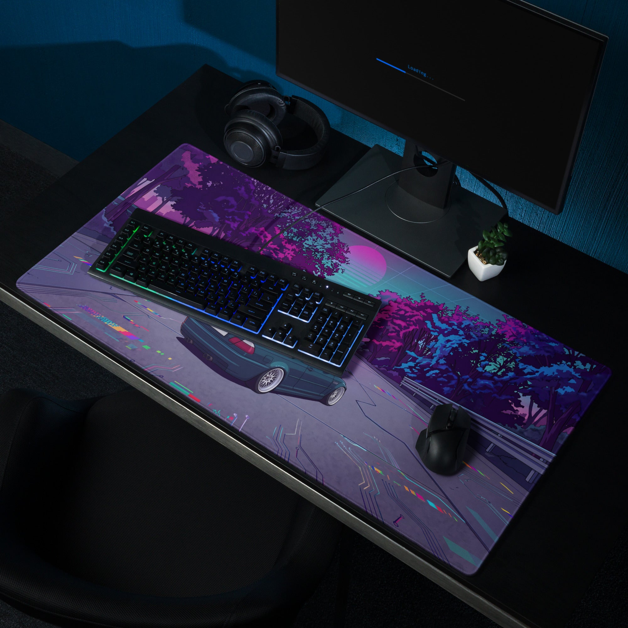 BMW M3 E46 Inspired Teal Purple Vaporwave Gaming Mouse Pad, Retro Sports Coupe Desk Mat with Neon Cyberpunk Sunset Road Artwork