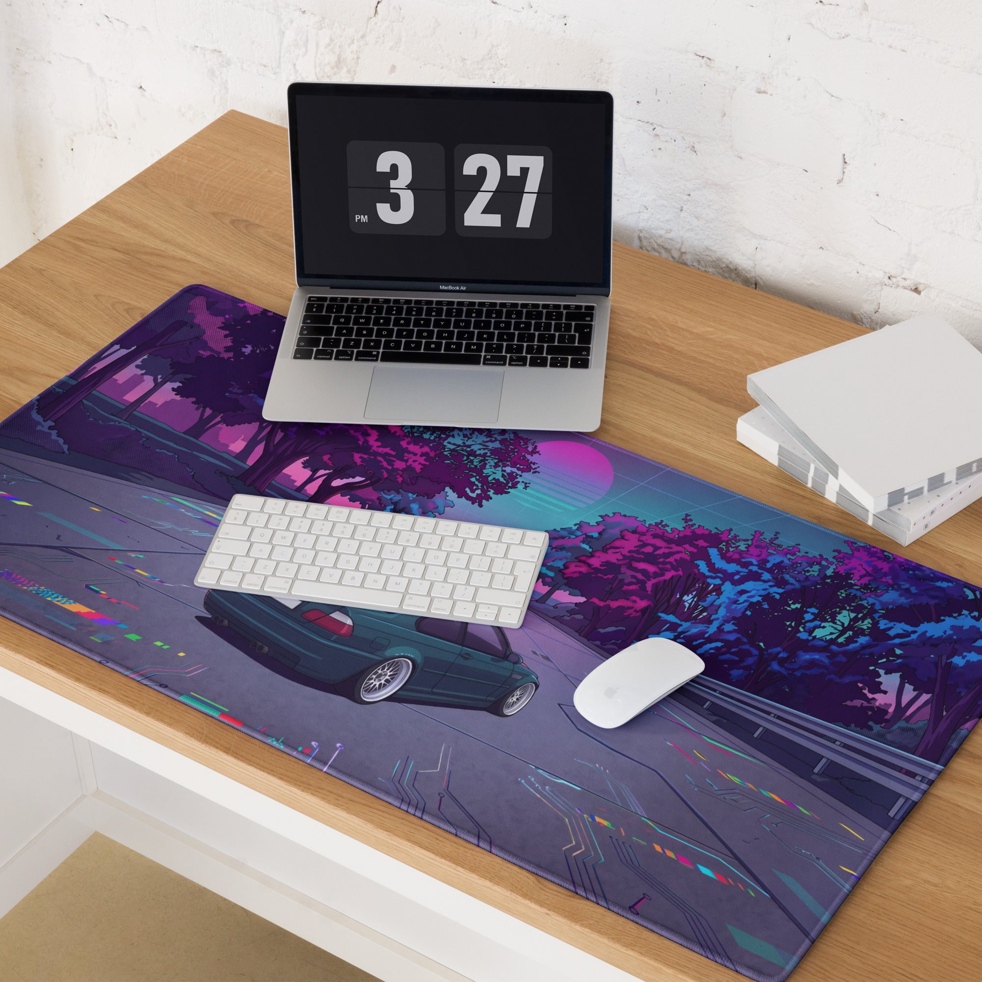 BMW M3 E46 Inspired Teal Purple Vaporwave Gaming Mouse Pad, Retro Sports Coupe Desk Mat with Neon Cyberpunk Sunset Road Artwork