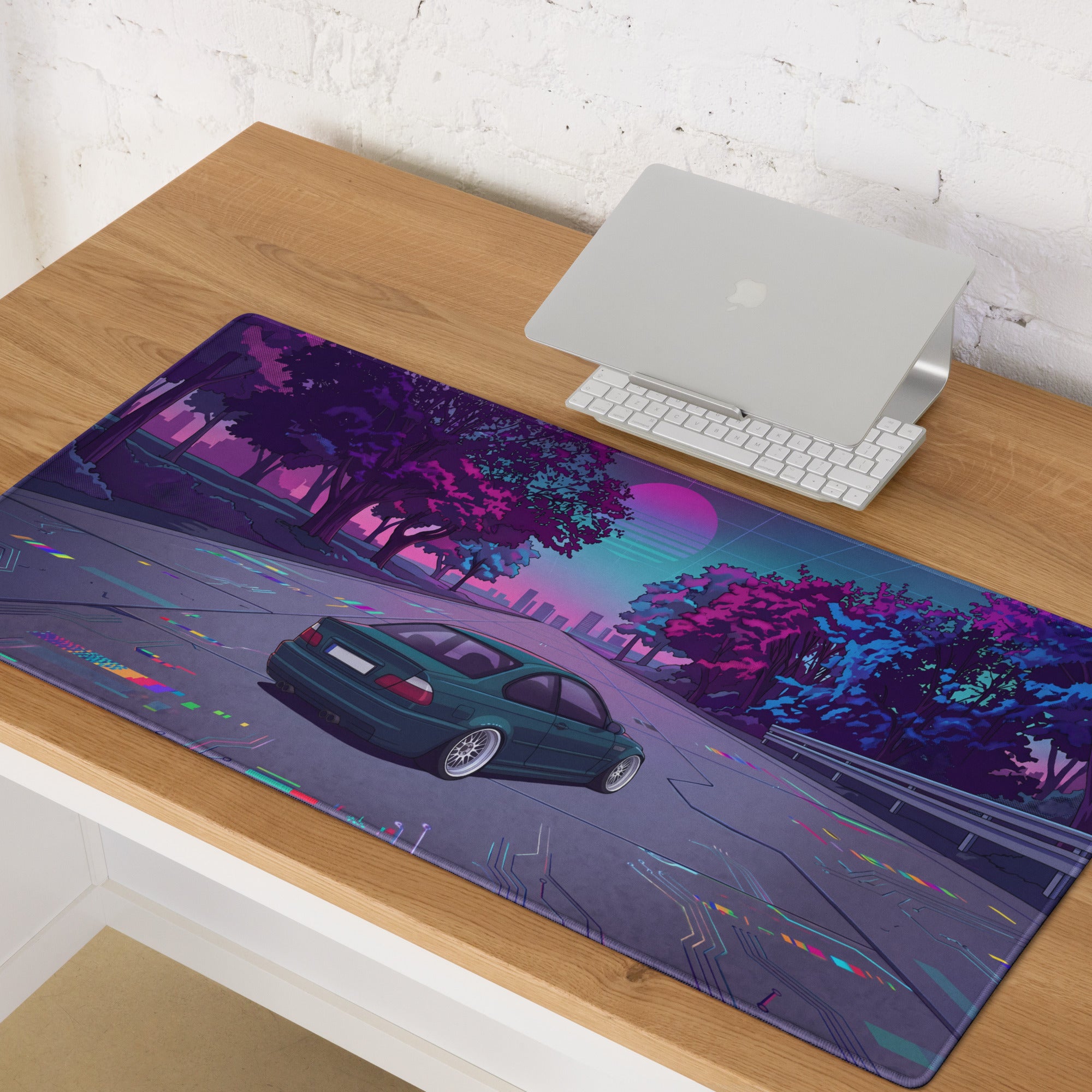 BMW M3 E46 Inspired Teal Purple Vaporwave Gaming Mouse Pad, Retro Sports Coupe Desk Mat with Neon Cyberpunk Sunset Road Artwork