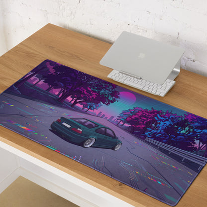 BMW M3 E46 Inspired Teal Purple Vaporwave Gaming Mouse Pad, Retro Sports Coupe Desk Mat with Neon Cyberpunk Sunset Road Artwork