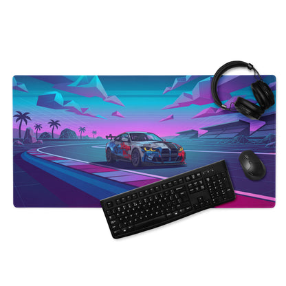 BMW M4 GT3 Inspired Blue Pink Vaporwave Gaming Mouse Pad, Neon Race Car Desk Mat with Retro Futuristic Mountain Highway Artwork